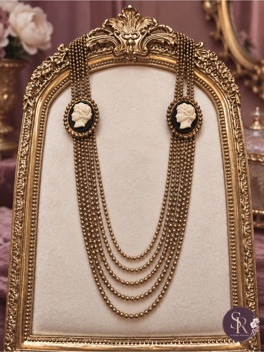 Antique 1920s 1930s Art Deco Cameo Festoon Swag Multi Strand Ball Chain Necklace